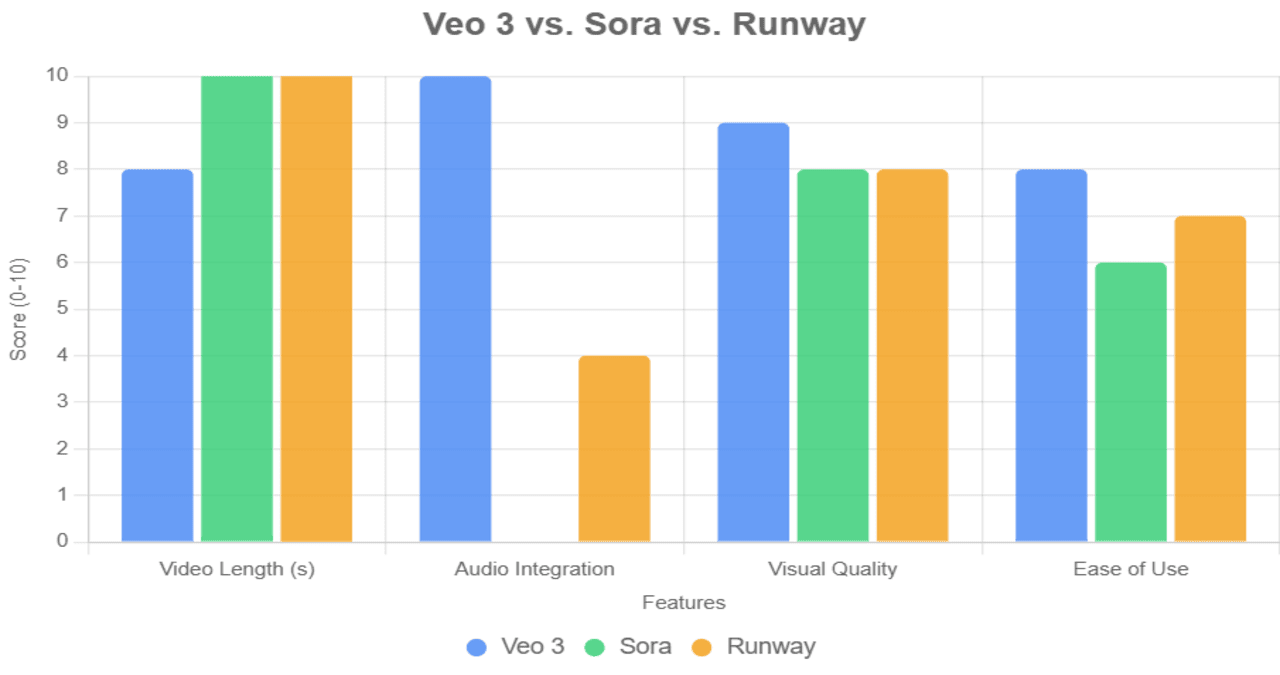 Bar chart comparing Google Veo 3, Sora, and Runway on video length, audio integration, visual quality, and ease of use. Veo 3 leads in audio integration and visual quality, while Sora and Runway excel in video length.