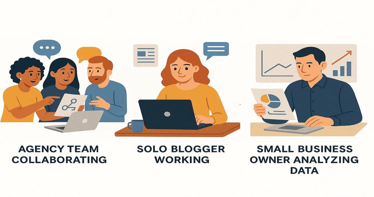 Illustration showing an agency team collaborating on a laptop, a solo blogger working independently, and a small business owner analyzing marketing data with graphs and charts.