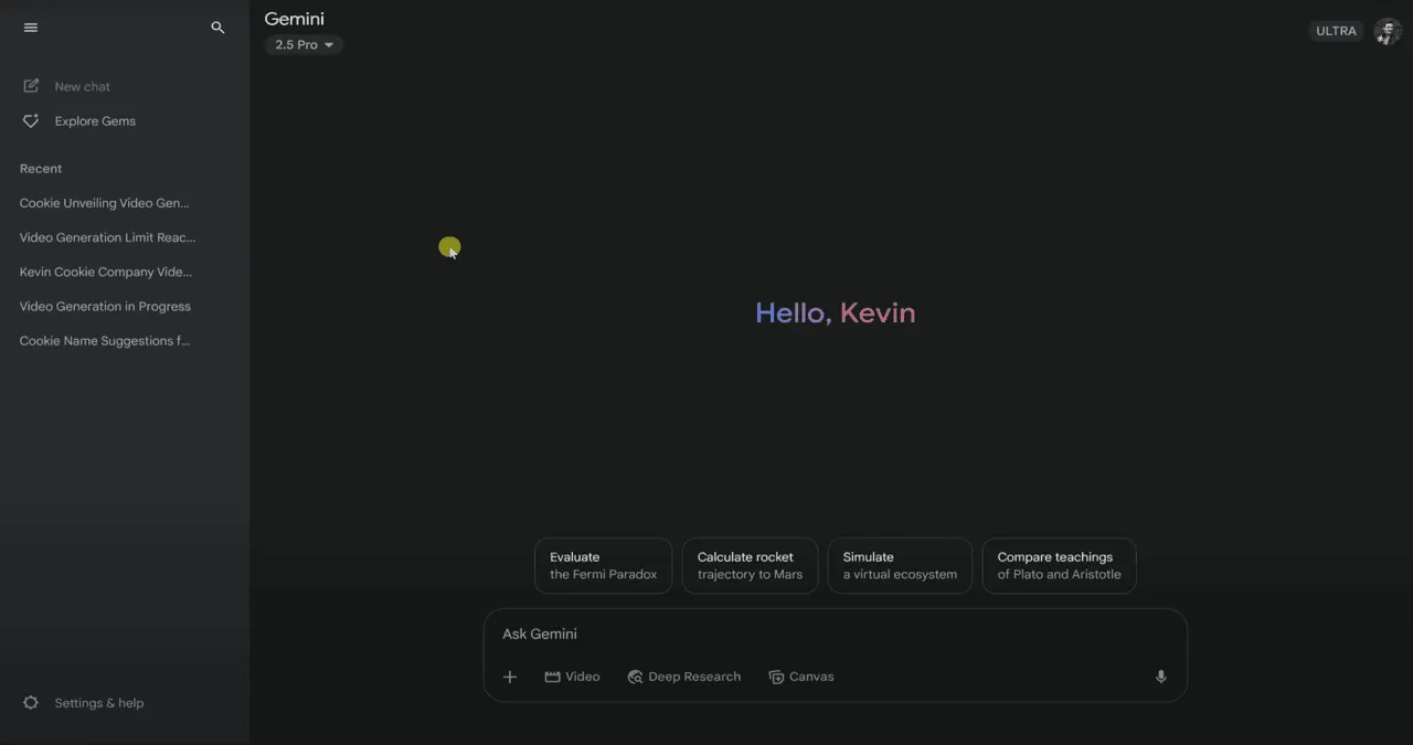 Google Gemini 2.5 Pro dashboard interface displaying a welcome message 'Hello, Kevin' with navigation options like video generation, deep research, and canvas on a dark-themed UI