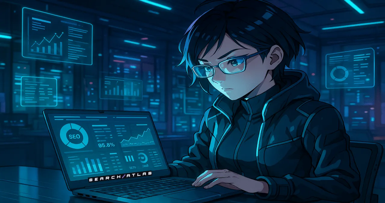 nime-style digital marketer using Search Atlas on a laptop to analyze SEO data, surrounded by holographic analytics charts in a futuristic tech workspace.