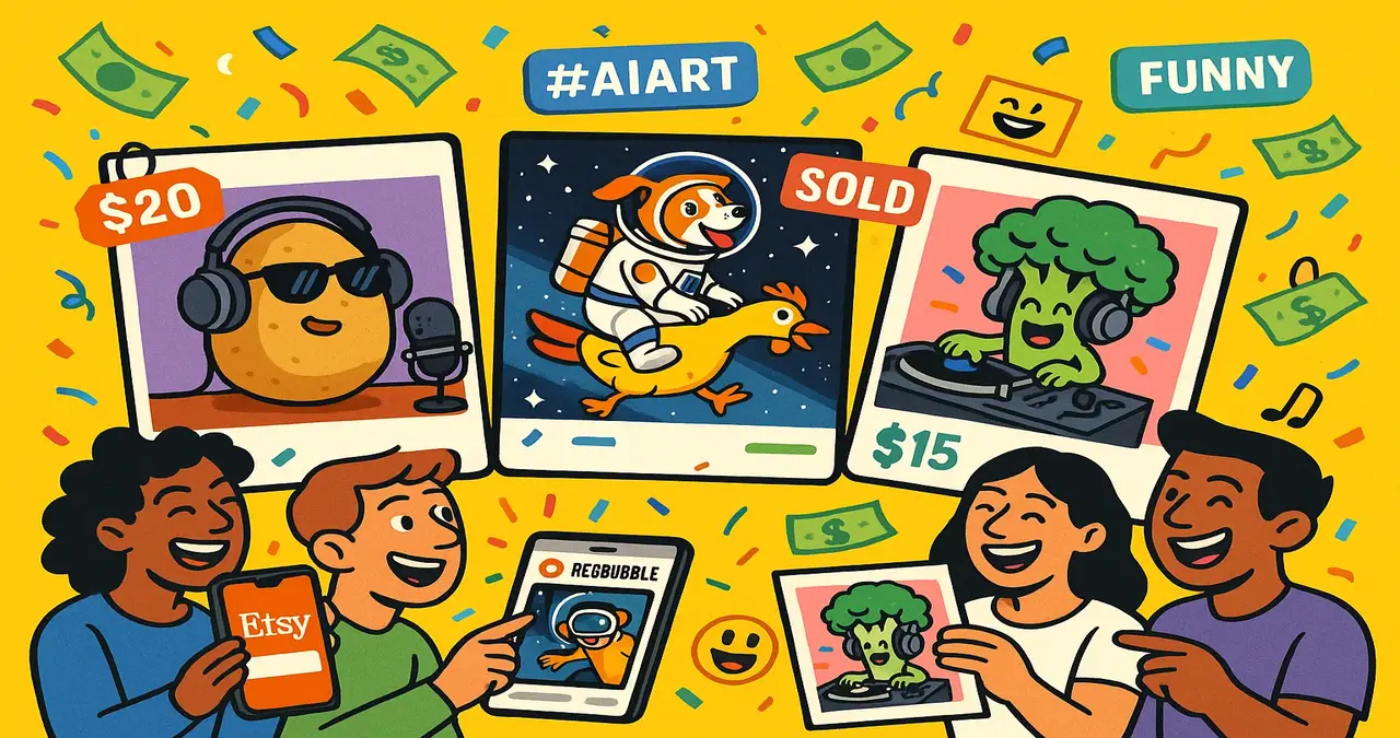 People happily selling AI-generated funny art like a rapping potato, astronaut dog on a duck, and DJ broccoli on platforms like Etsy and Redbubble, showcasing the viral trend of making money with weird AI images.
