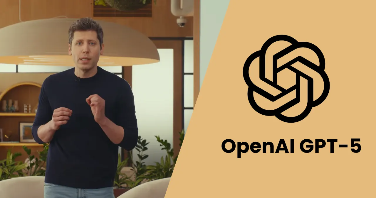 OpenAI executive presenting GPT-5 future plans with OpenAI logo and modern office background