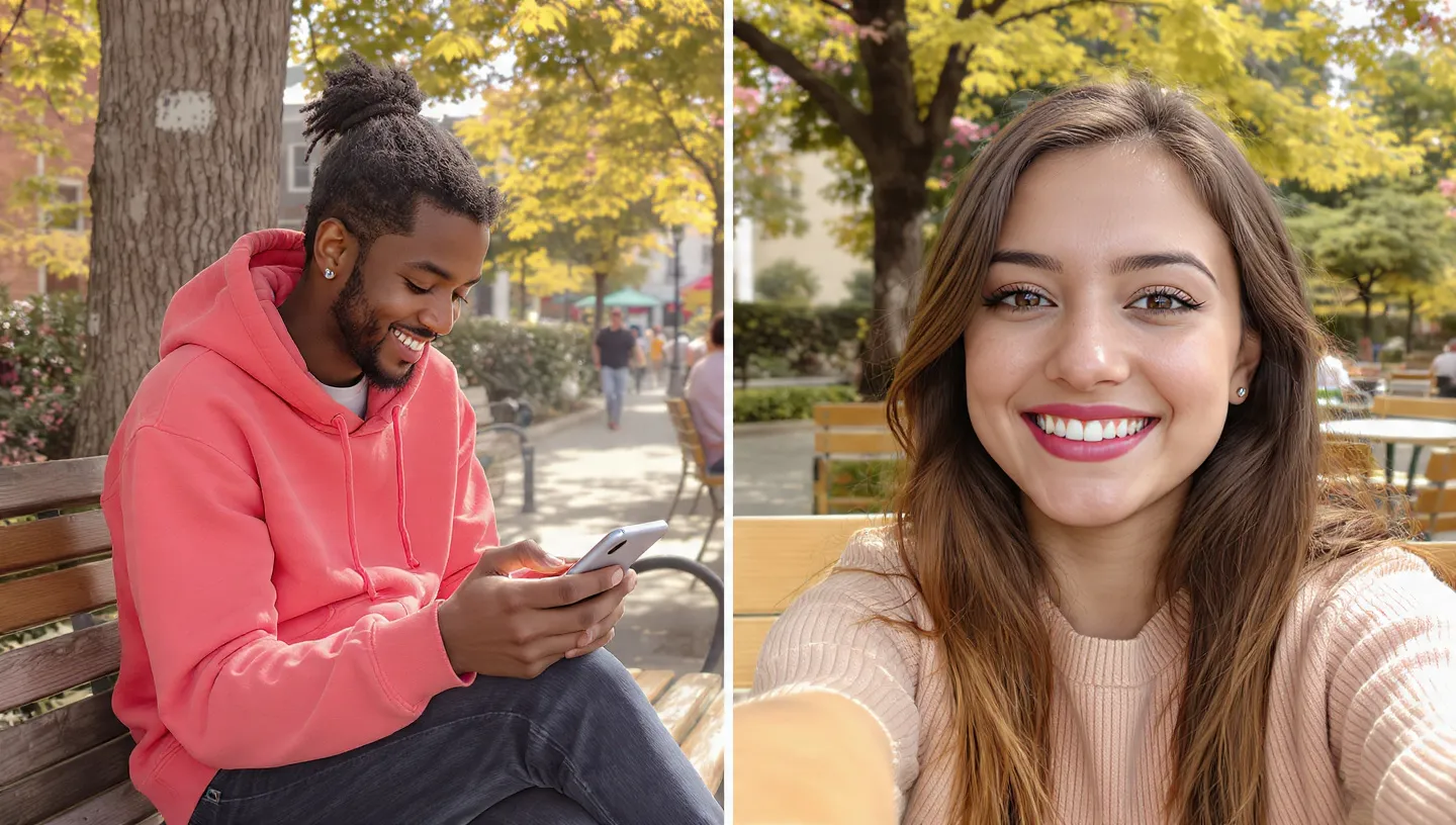 An split image of a man talking of phone with AI girlfriend