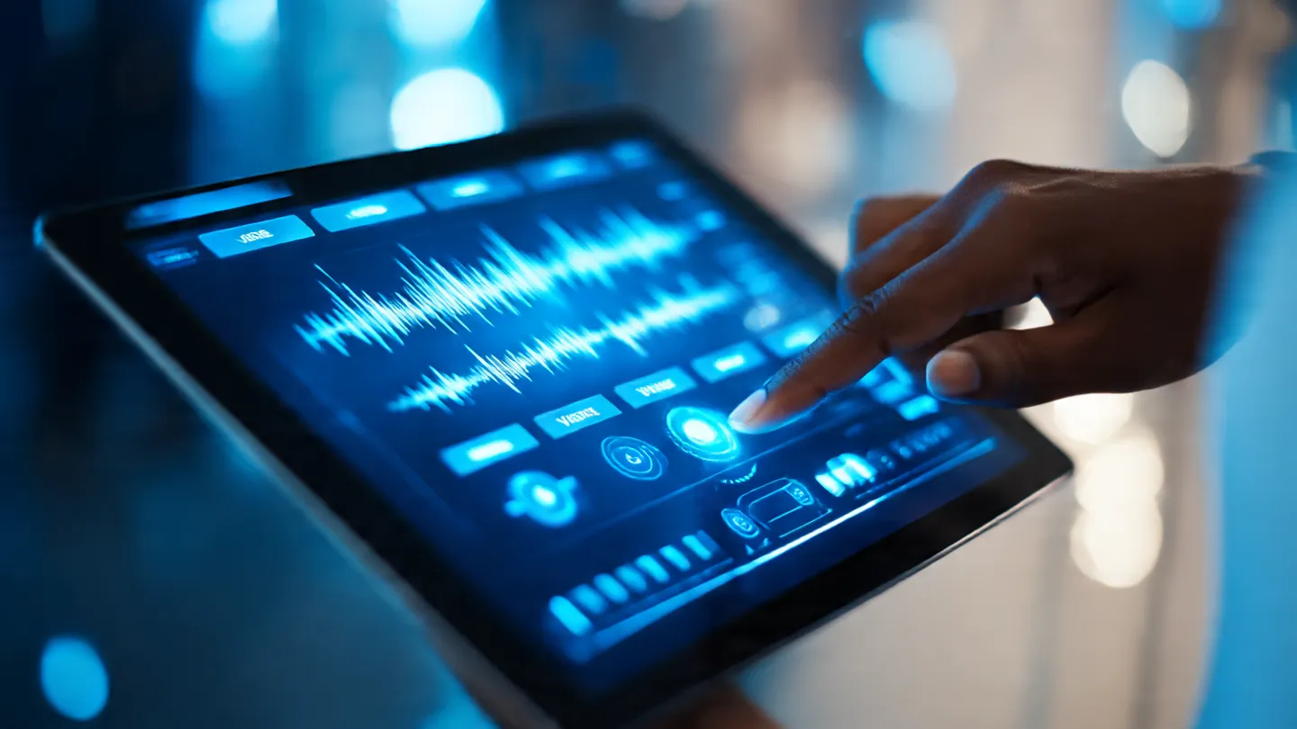 an image of a hand holdimng tablet showing sophisticated AI voice